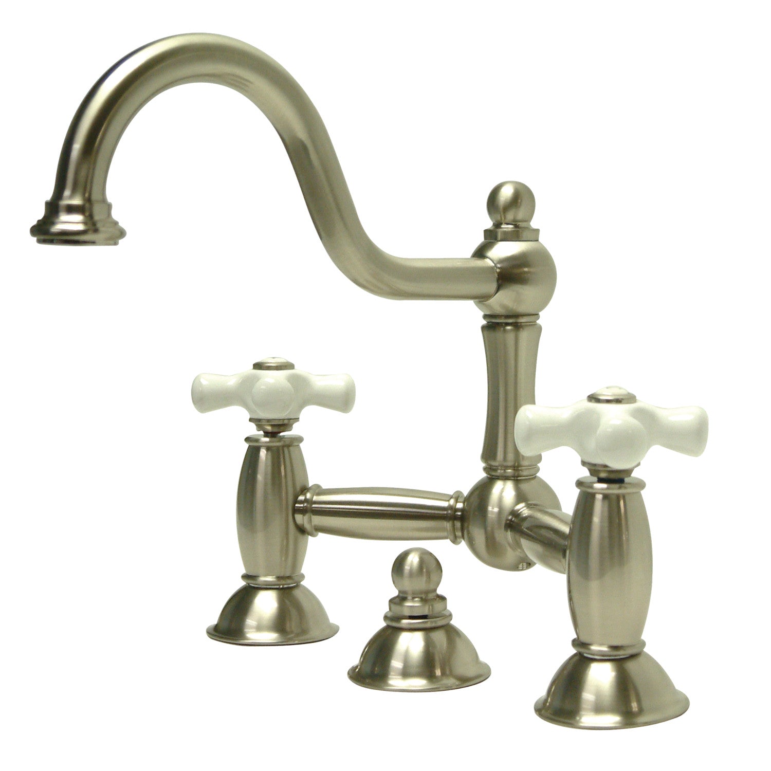 Kingston Heirloom KS3918PX - Restoration Two-Handle 3-Hole Deck Mount Bridge Bathroom Faucet with Brass Pop-Up, Brushed Nickel — image 1